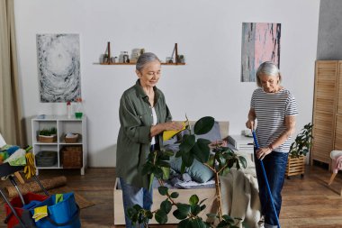 Gündelik giysiler içinde iki olgun lezbiyen kadın modern dairelerini temizlerken, biri bir bitkinin tozunu alırken diğeri yerleri süpürüyor..
