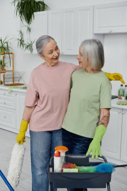 Sıradan giyinmiş lezbiyen bir çift, modern dairelerini temizlerken birbirlerine gülümsüyorlar..