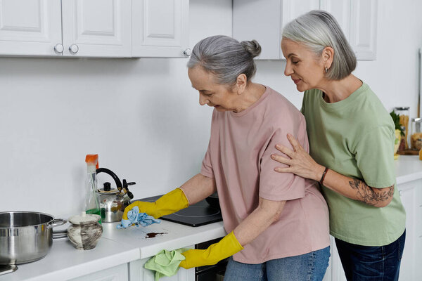 A lesbian couple cleans their modern apartment together. One woman is wiping down the kitchen counter.