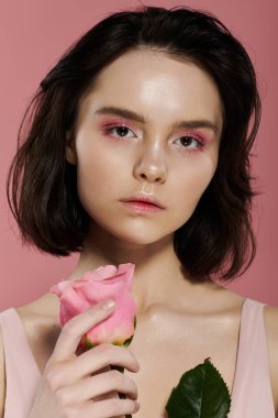 Koyu renk saçlı ve pembe göz farı olan bir kadın pembe bir arkaplanda pembe bir gül tutuyor..