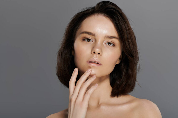 Женщина с короткими темными волосами позирует на сером фоне, нежно касаясь подбородка..