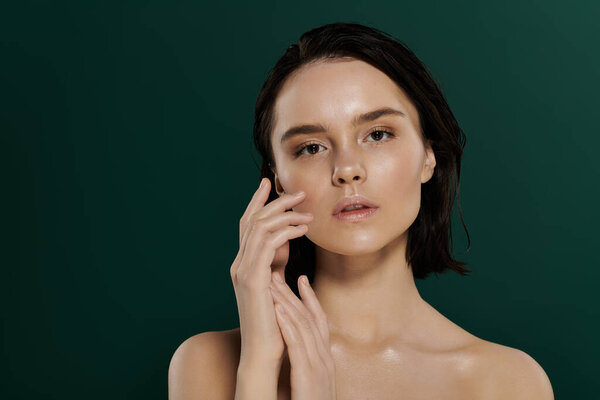 Крупный план темноволосой женщины, смотрящей в камеру на зеленом фоне.