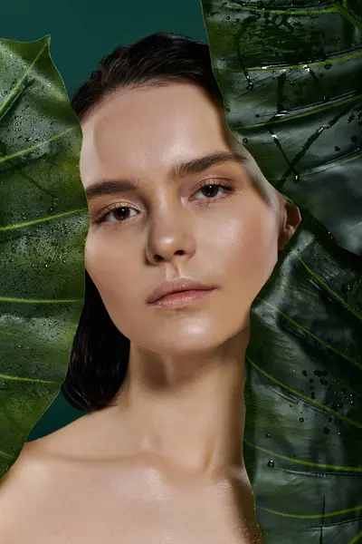 stock image A close-up portrait of a beautiful woman posing with large green leaves.