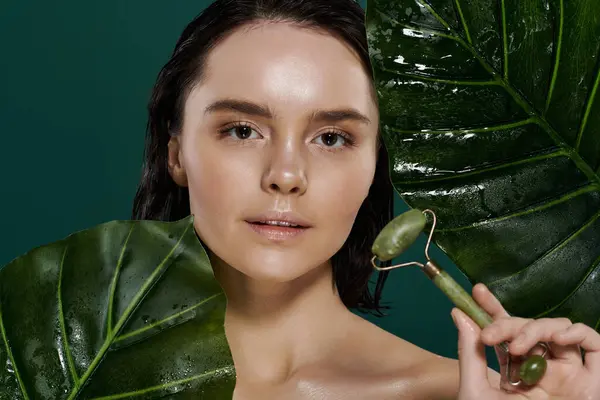 Stock image A beautiful woman poses with a jade roller, surrounded by lush green leaves.