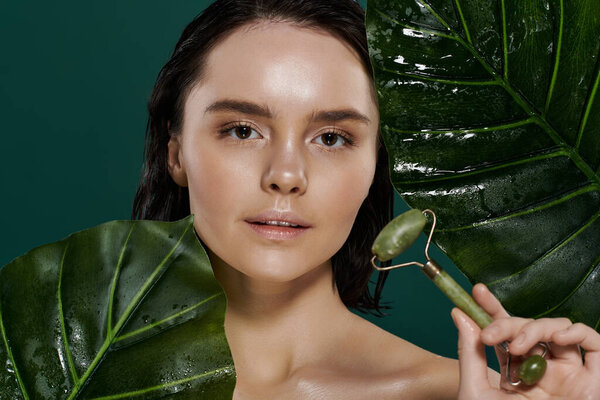 Красивая женщина позирует с нефритовой розой в окружении пышных зеленых листьев.