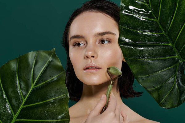 Женщина использует нефритовый ролик на лице, окруженный большими зелеными листьями.