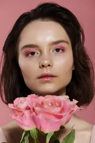 stock image A close-up portrait of a woman with pink eyeshadow, holding a single pink rose.