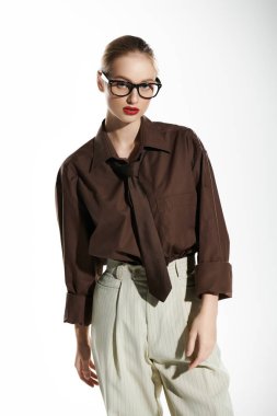 Genç bir kadın kahverengi bluzla poz veriyor, yakası bağlı, beyaz pantolon giyiyor..