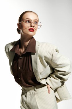 Genç bir kadın, altında kahverengi bir gömlek olan beyaz bir takım elbise içinde poz veriyor, büyük gözlük takıyor..