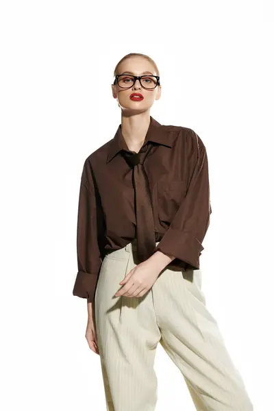 stock image A young woman in a brown shirt and white trousers.