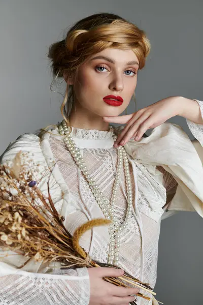 stock image Woman in white dress with dried flowers, looking at viewer.