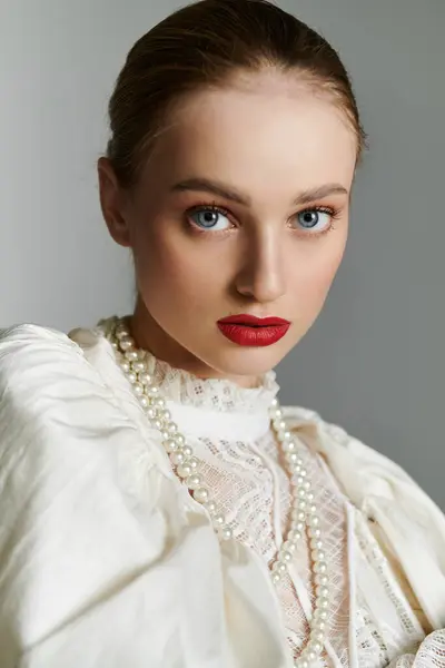 stock image A young woman in a white lace blouse and a pearl necklace looks directly at the viewer.