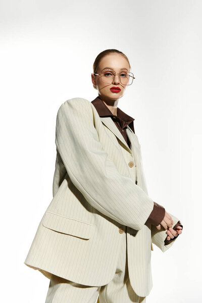 Стильная молодая женщина позирует в белом полосатом пиджаке, излучая уверенность.