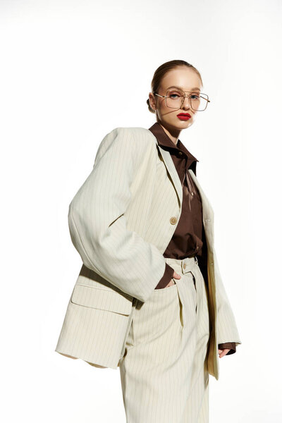 Молодая женщина уверенно позирует в стильном бежевом костюме, коричневой блузке, красной помаде и очках.