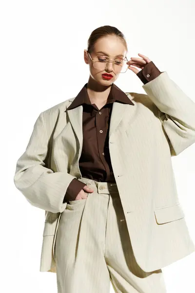 stock image A woman in a white suit adjusts her glasses.