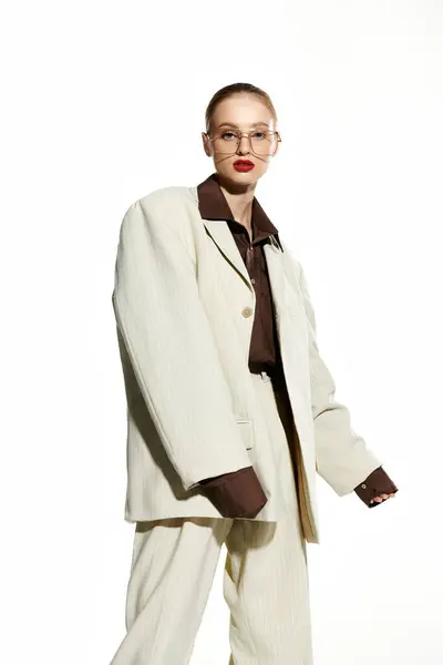 stock image A young woman exudes confidence in a white suit and oversized blazer.