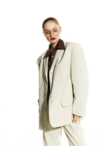 stock image A young woman in a white suit poses in front of a white background.