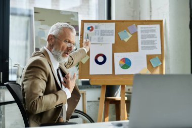 An enthusiastic teacher gestures towards a chart on a whiteboard while conducting an online lesson clipart