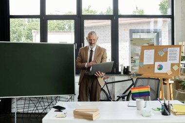 Olgun, sakallı bir LGBTQ öğretmeni, bilgisayarını kullanarak tahtası, bisikleti ve gökkuşağı bayrağı olan bir sınıftan ders veriyor..