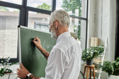 A middle-aged gay man with a beard writes math equations on a chalkboard while teaching online. clipart