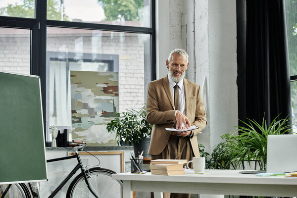 A mature, bearded LGBTQ teacher stands in a bright, modern office setting, holding a book while looking at a laptop screen.