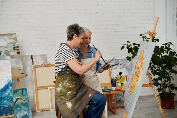 Две женщины в халатах рисовали в студии. Фронтменка учит друг друга технике, одновременно улыбаясь и наслаждаясь обществом друг друга