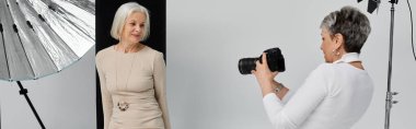 Bir kadın fotoğraf stüdyosunda ortağının fotoğrafını çeker. Yansıtıcının ışığı, modelin yüzünü aydınlatır..
