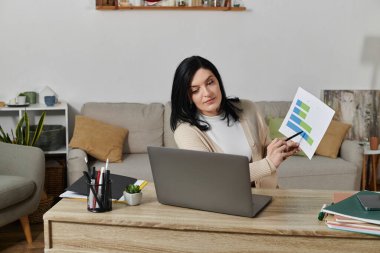 Tekerlekli sandalyedeki bir kadın bir dizüstü bilgisayar ve çizelgeyle online sunum yapıyor..