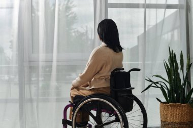 Bir kadın tekerlekli sandalyede oturuyor, pencereye bakıyor, manzaraya bakıyor..