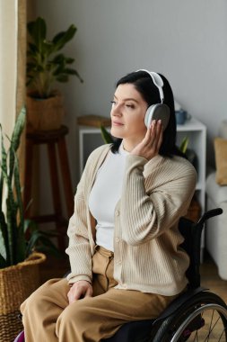 Woman in wheelchair by window, lost in thought with music clipart