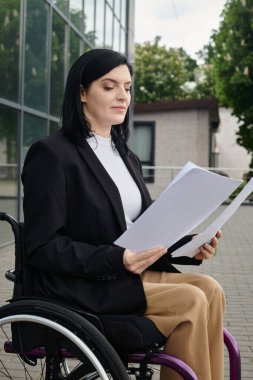 Tekerlekli sandalyedeki kadın, siyah ceket ve bej pantolon, ofis dışındaki belgeleri gözden geçiriyor.