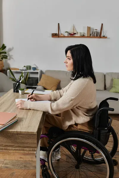 stock image A woman in a wheelchair sits at a table, writing on a piece of paper.