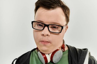 Down sendromlu genç bir adam evde müzik dinliyor..