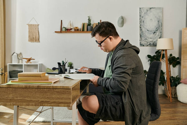 Молодой человек с синдромом Дауна сосредоточился на учебе в уютном домашнем рабочем месте.