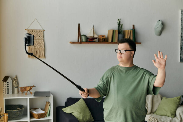 Capturing joyful moments at home with a selfie stick.