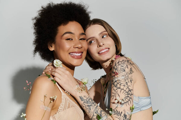 Loving couple shares a warm moment adorned with delicate flowers.