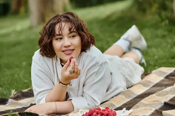 stock image A young woman relaxes in a sunny park, savoring fresh raspberries during a delightful summer picnic.