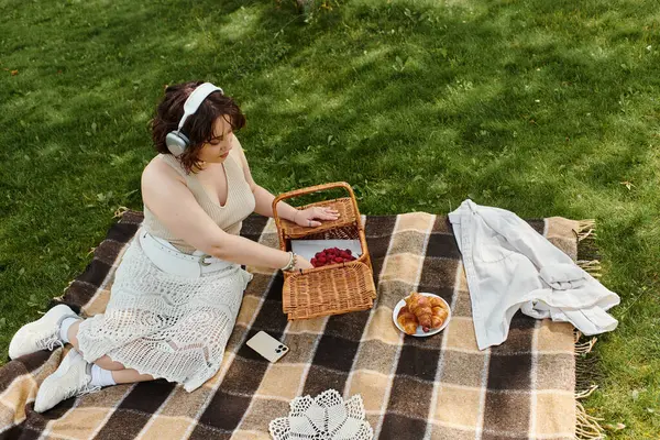 stock image A young woman in a white shirt enjoys a peaceful summer picnic, surrounded by nature and delicious treats.