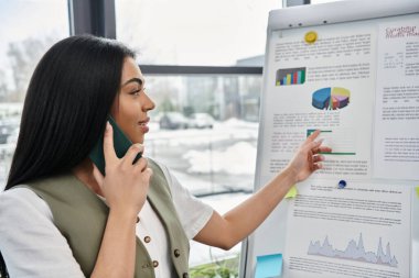 A woman discusses insights while pointing at a presentation in a modern workplace. clipart