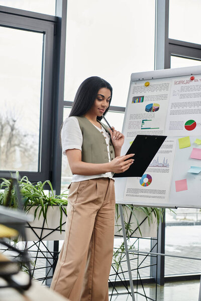 Задумчивая женщина представляет данные в ярком, современном рабочем пространстве.