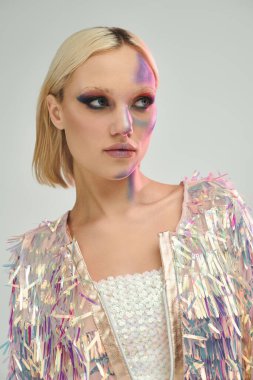 A young woman radiates confidence in her holographic ensemble. clipart