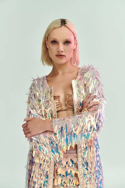 Stock image A young woman exudes confidence in her stunning holographic attire.