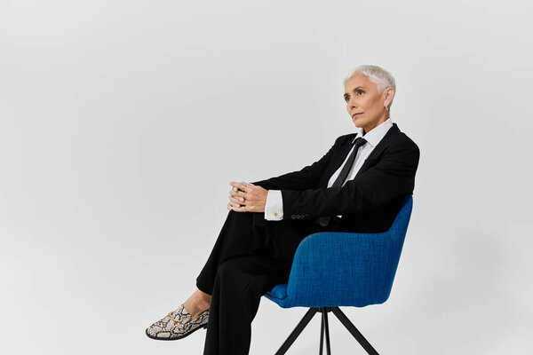 Mature woman with short hair exudes elegance while seated in a blue chair.