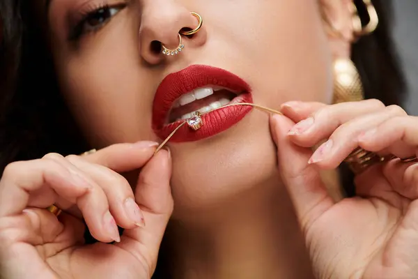 stock image Woman playfully highlights her jewelry with a confident pose.