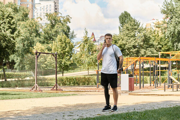 Молодой человек с татуировками прогуливается по парку, разговаривая по телефону во время своего уникального путешествия.