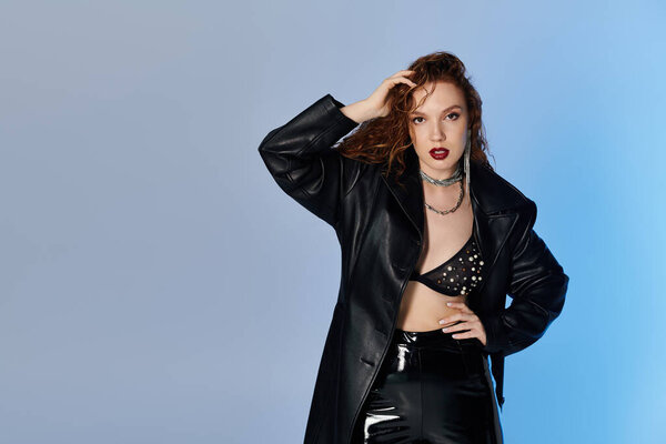 A stylish woman showcases her fashion sense with bold confidence.