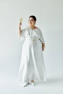 A stunning plus-size bride raises her glass with a bright smile, radiating joy in a white gown. clipart