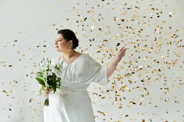 A beautiful bride with confidence holds a bouquet while golden confetti falls around her. clipart