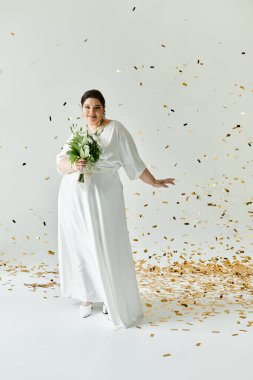 A joyful bride in a white gown strikes a pose, holding a bouquet as confetti drifts around her. clipart