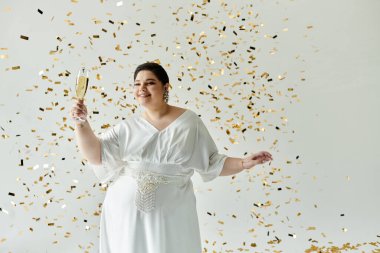 A beautiful plus-size bride joyfully raises a glass amidst floating confetti, showcasing her elegant elegance. clipart